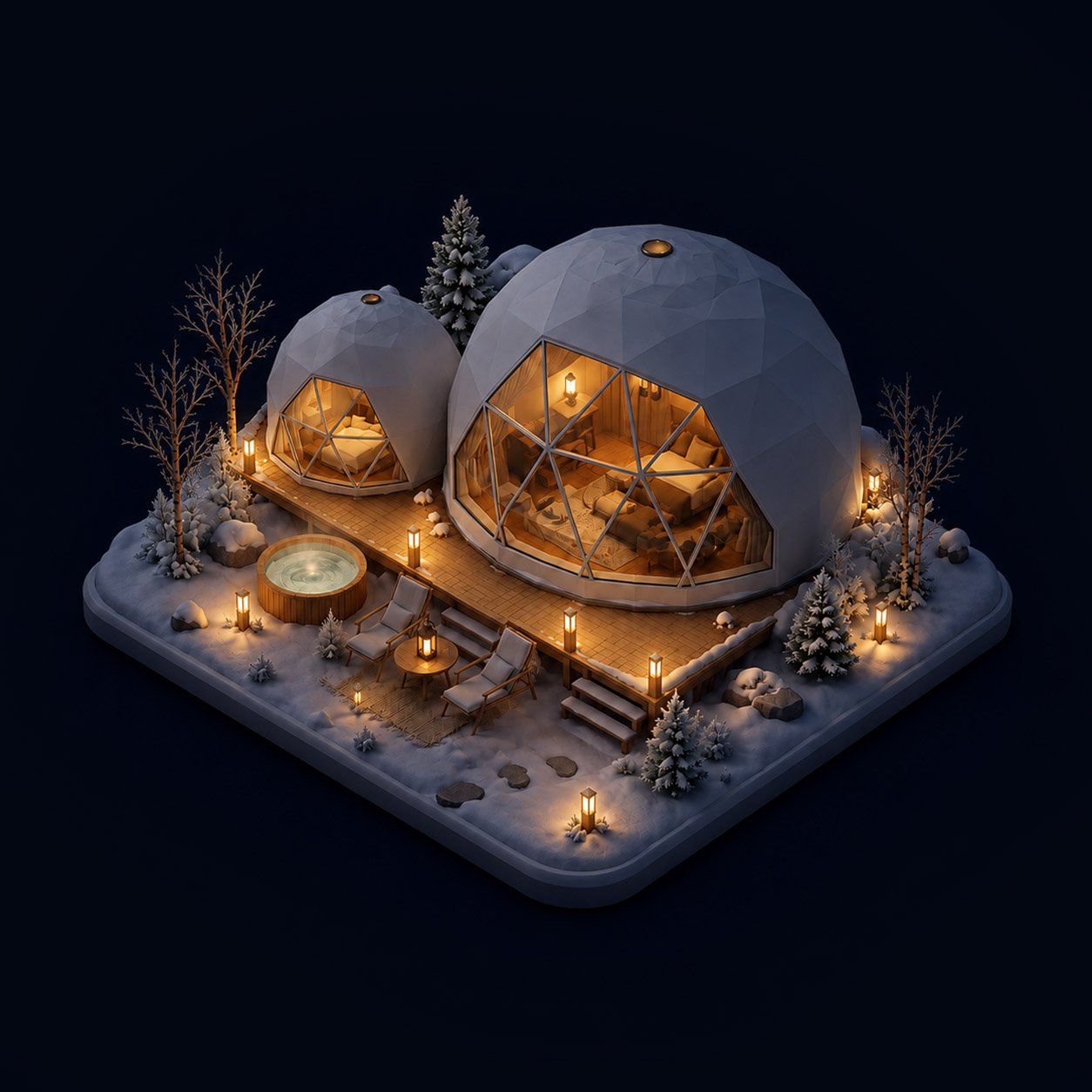 Cute Glamping graphic depicting domes in the snow