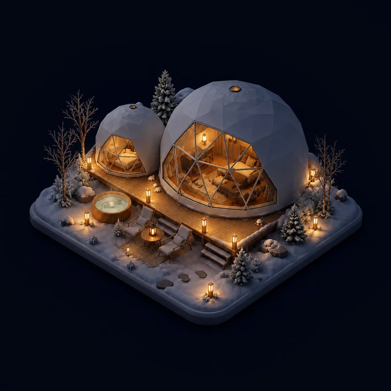 Cute Glamping graphic depicting domes in the snow