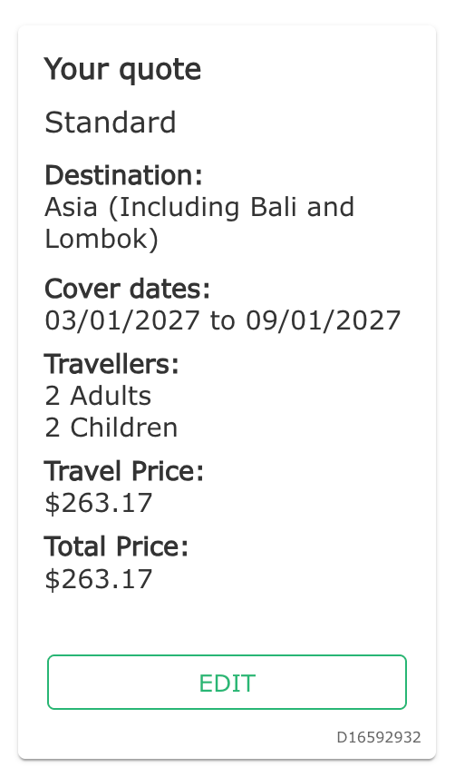 Tick Standard quote for two adults and two children travelling to Asia including Japan from 3 to 9 January 2027, total A$263.17
