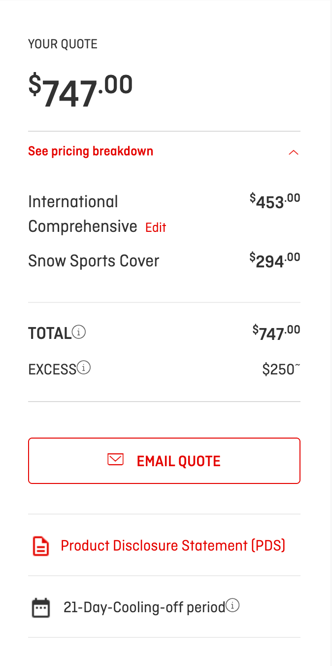 Qantas Travel Insurance quote for a family of four travelling to Japan from 3 to 9 January 2027: International Comprehensive A$453 plus Snow Sports Cover A$294, total A$747 with a A$250 excess