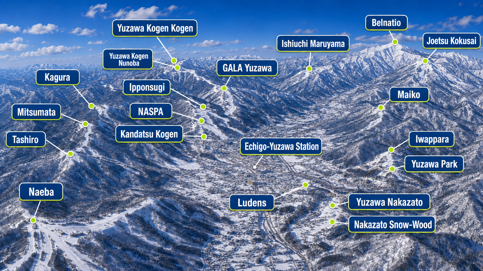 illustration of the Echigo Yazawa town and mountains surrounding it
