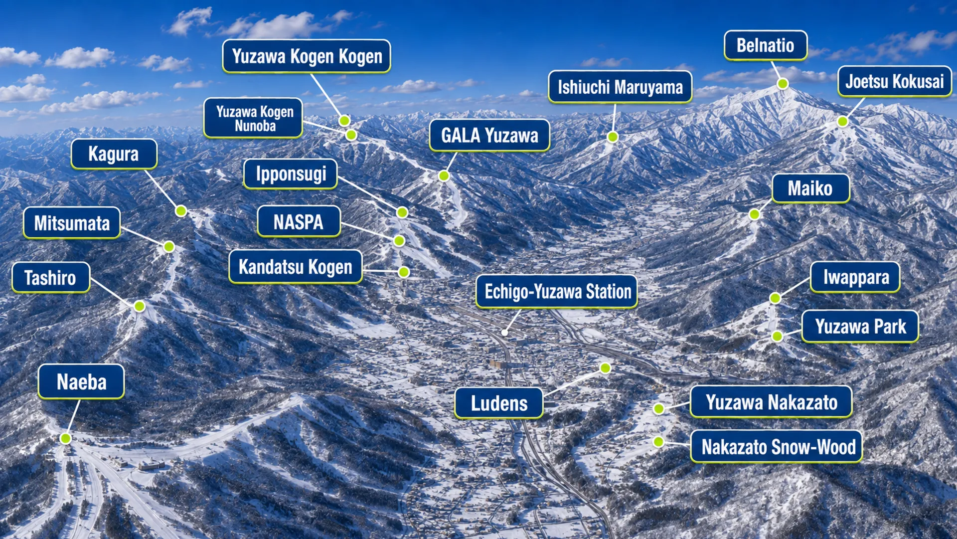 illustration of the Echigo Yazawa town and mountains surrounding it
