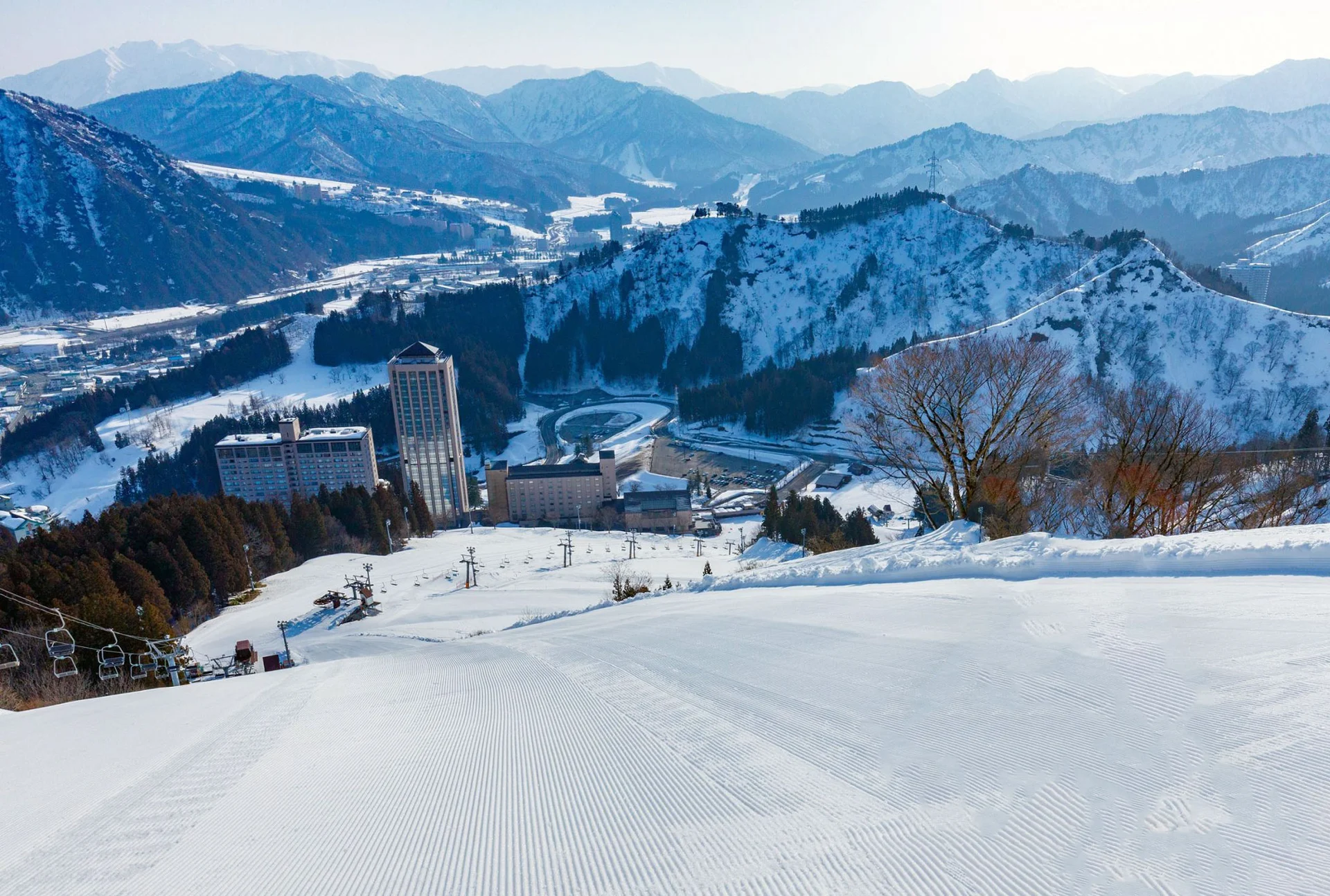 View looking down to the hotel in the valley at NASPA Ski Garden