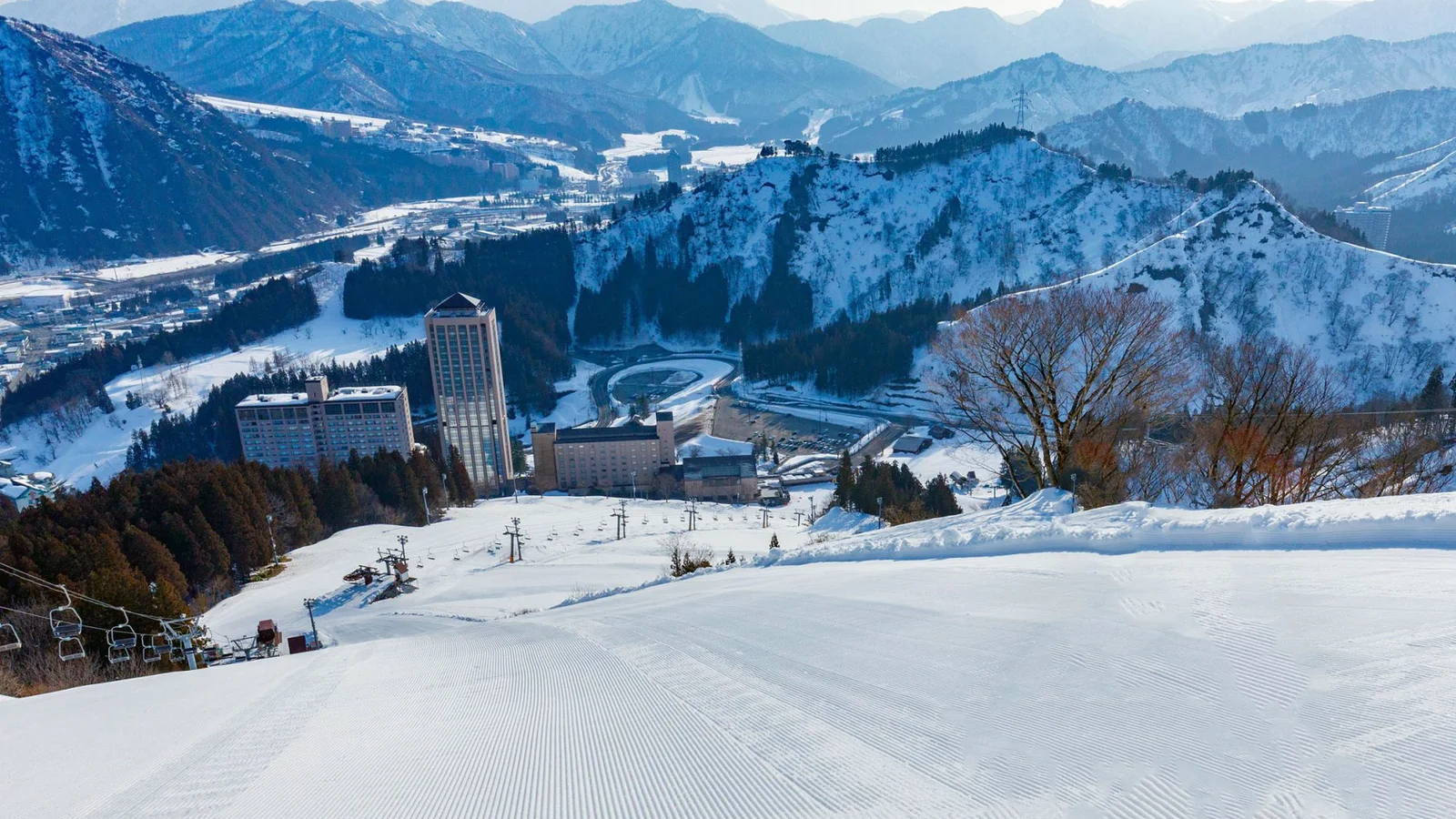 View looking down to the hotel in the valley at NASPA Ski Garden
