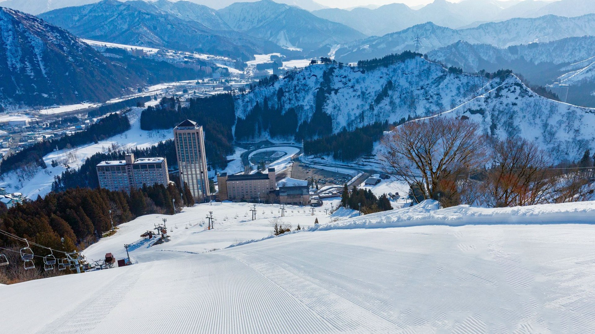 View looking down to the hotel in the valley at NASPA Ski Garden
