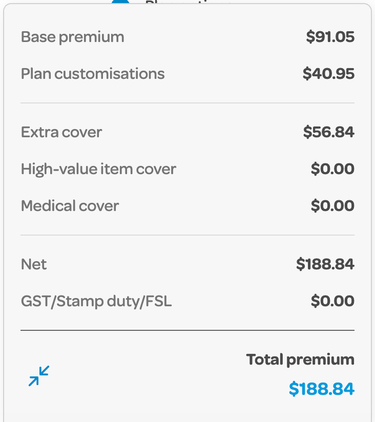Southern Cross Travel Insurance quote for one adult travelling to Japan from 3 to 9 January 2027: base premium A$91.05, plan customisations A$40.95 and extra cover A$56.84, total A$188.84