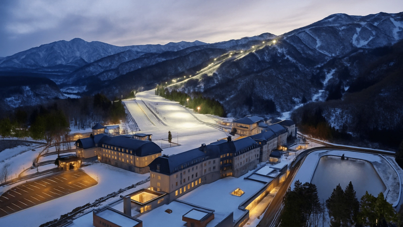 Lotte Arai Village at dusk with night skiing