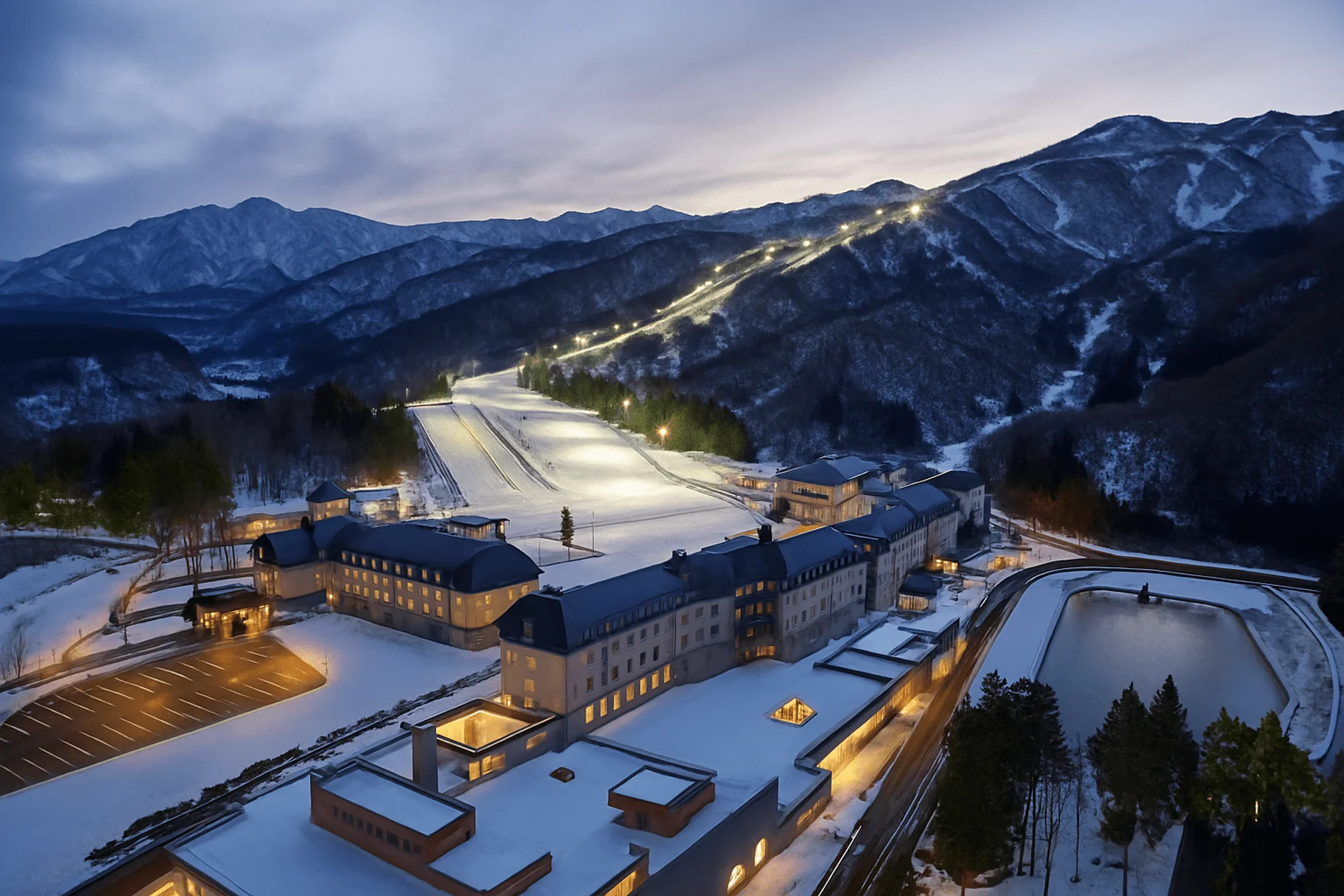 Lotte Arai Village at dusk with night skiing