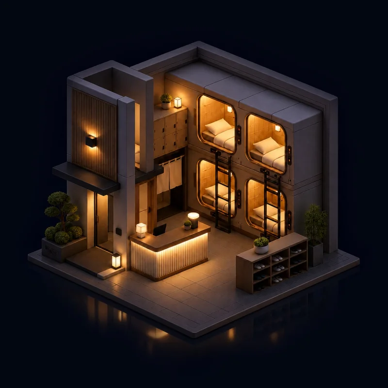 3D graphic of a capsule hotel at night