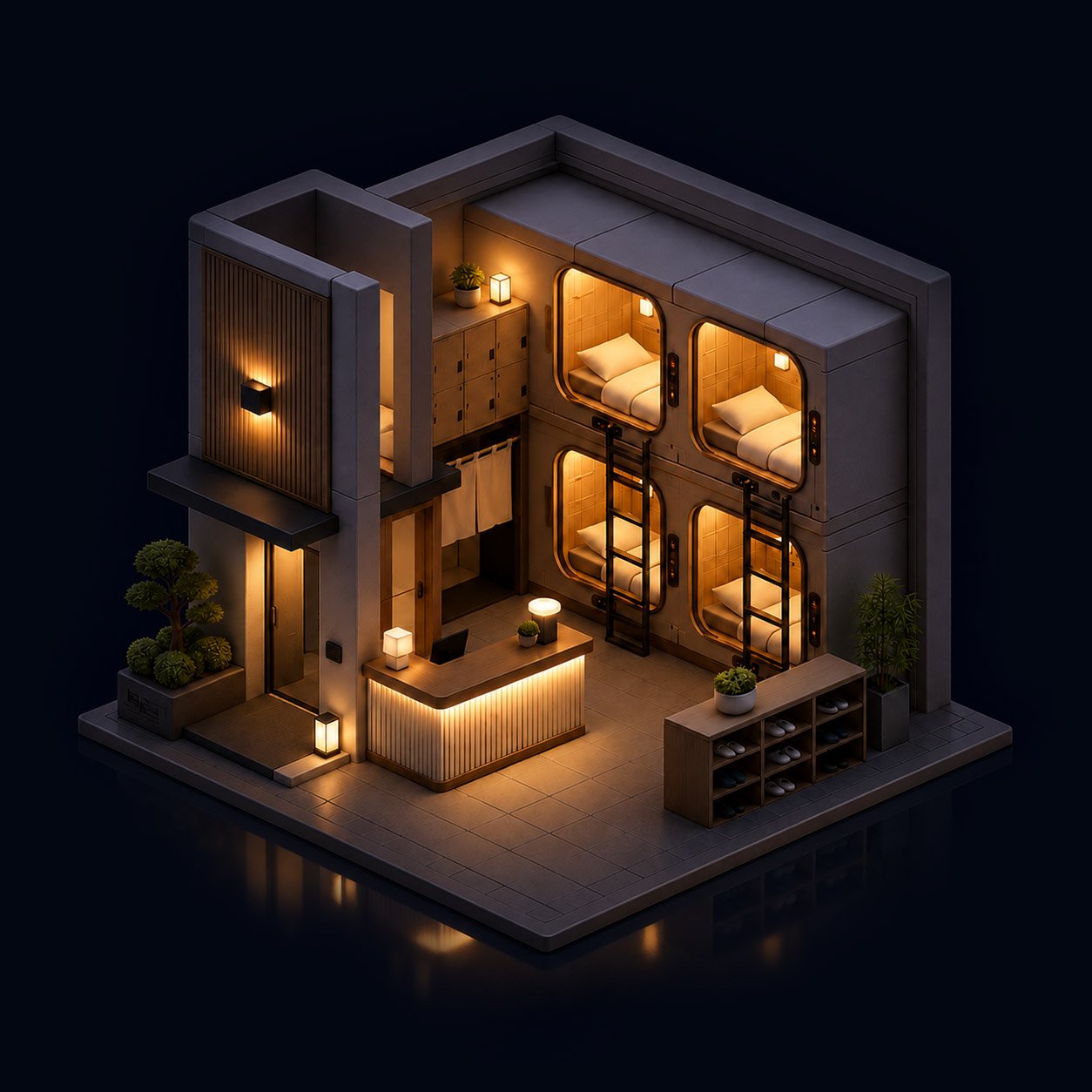 3D graphic of a capsule hotel at night