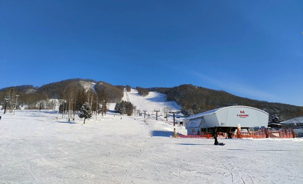 Canmore ski village from the bottom of the run looking up
