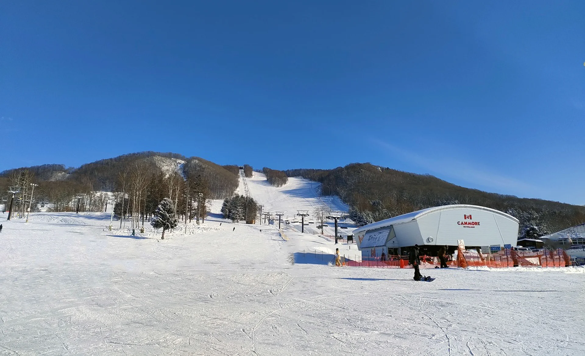 Canmore ski village from the bottom of the run looking up