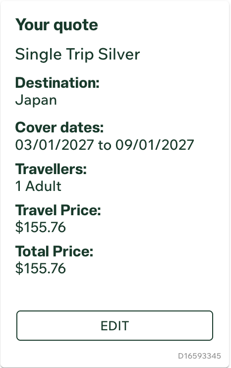 InsureandGo Single Trip Silver quote for one adult travelling to Japan from 3 to 9 January 2027, total A$155.76