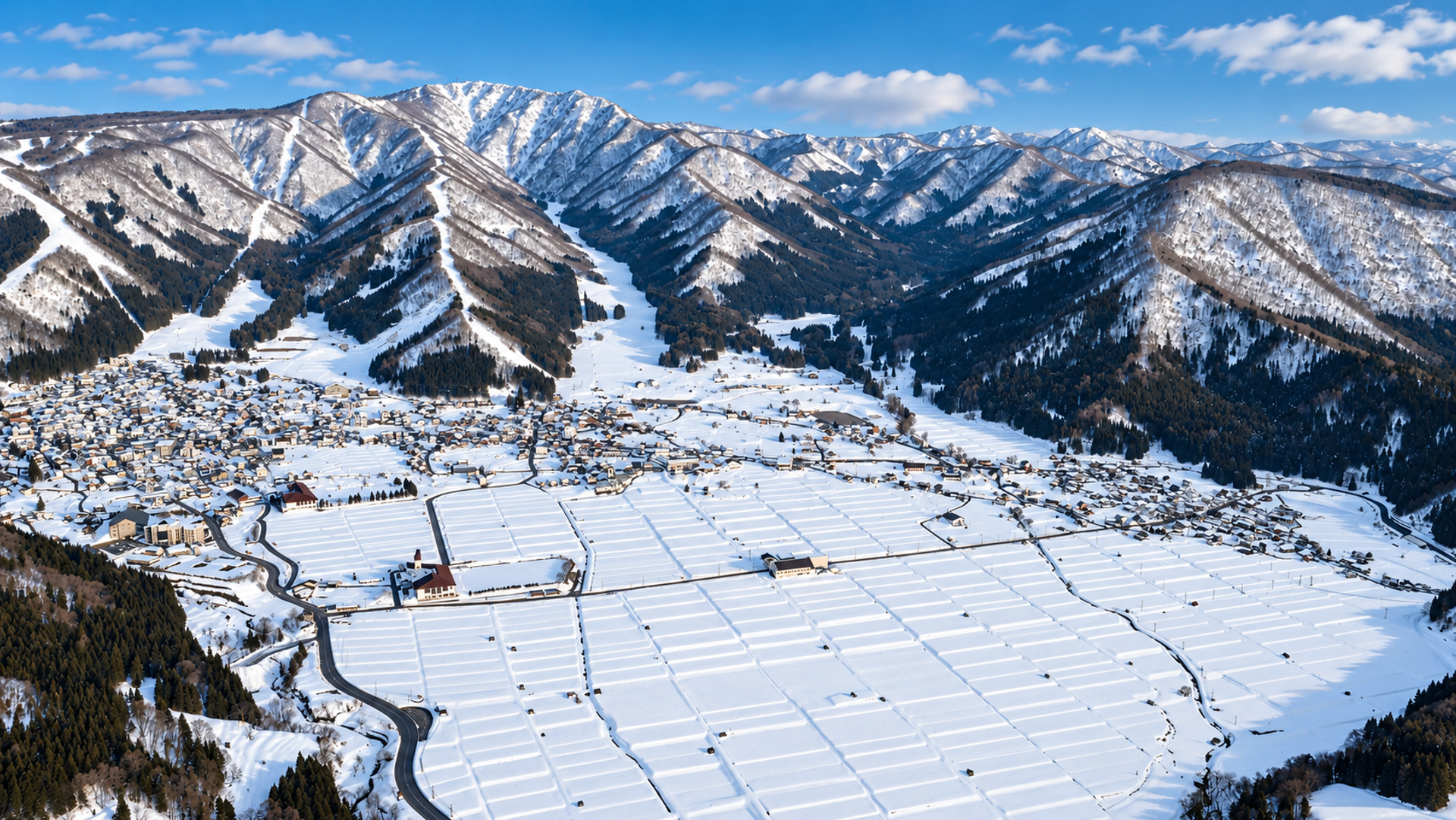 Aerial view of snowy Nozawa