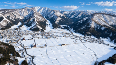 Aerial view of snowy Nozawa