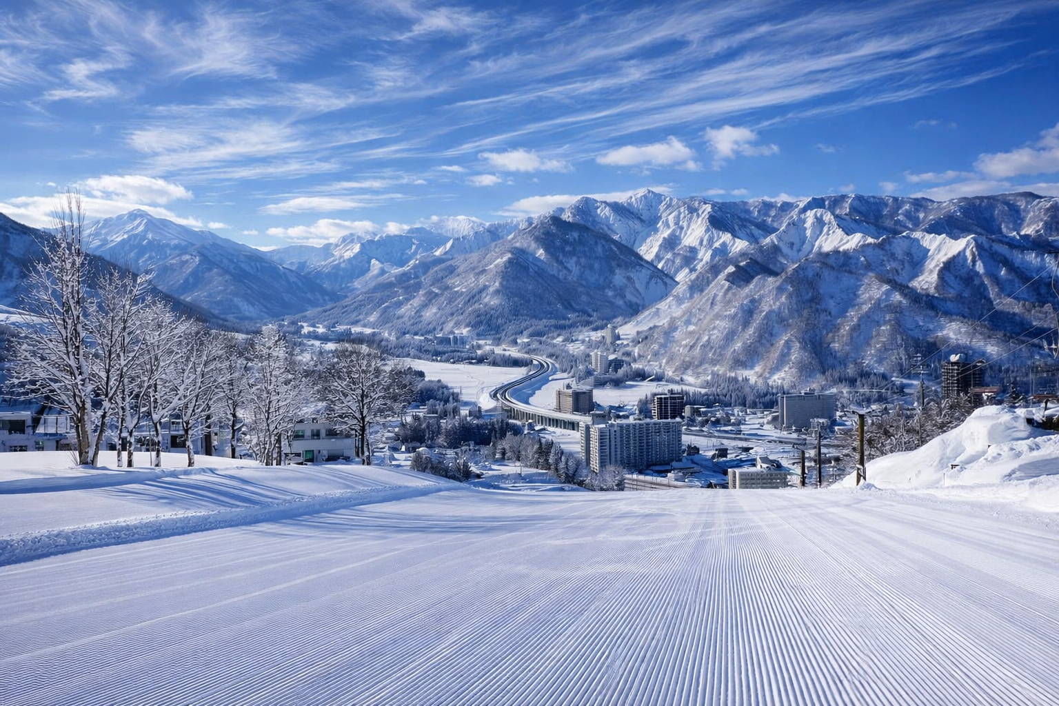 View across the snow-covered Yuzawa valley from the upper slopes