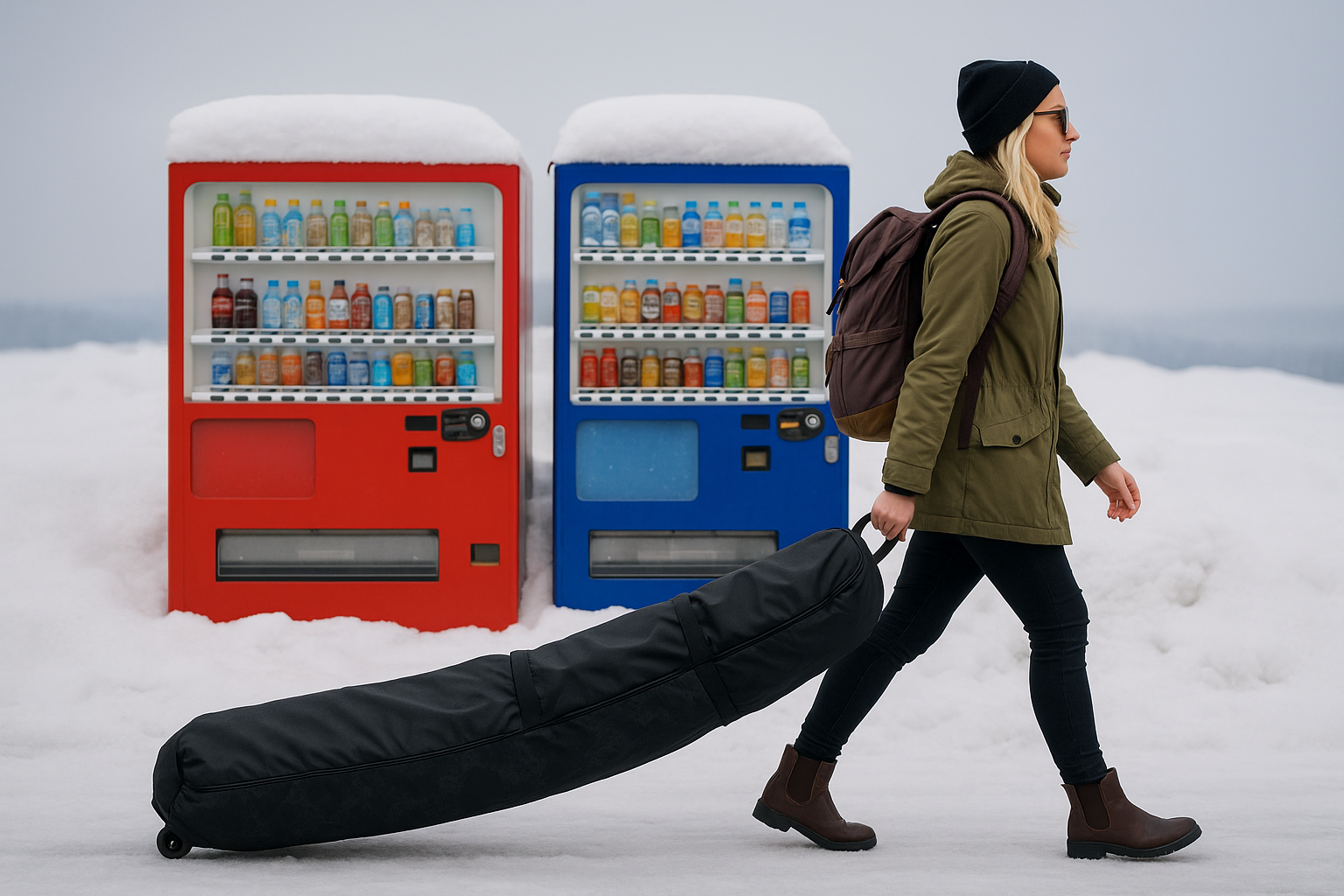 lady pulling a snowboard bag in the snow (Japan)