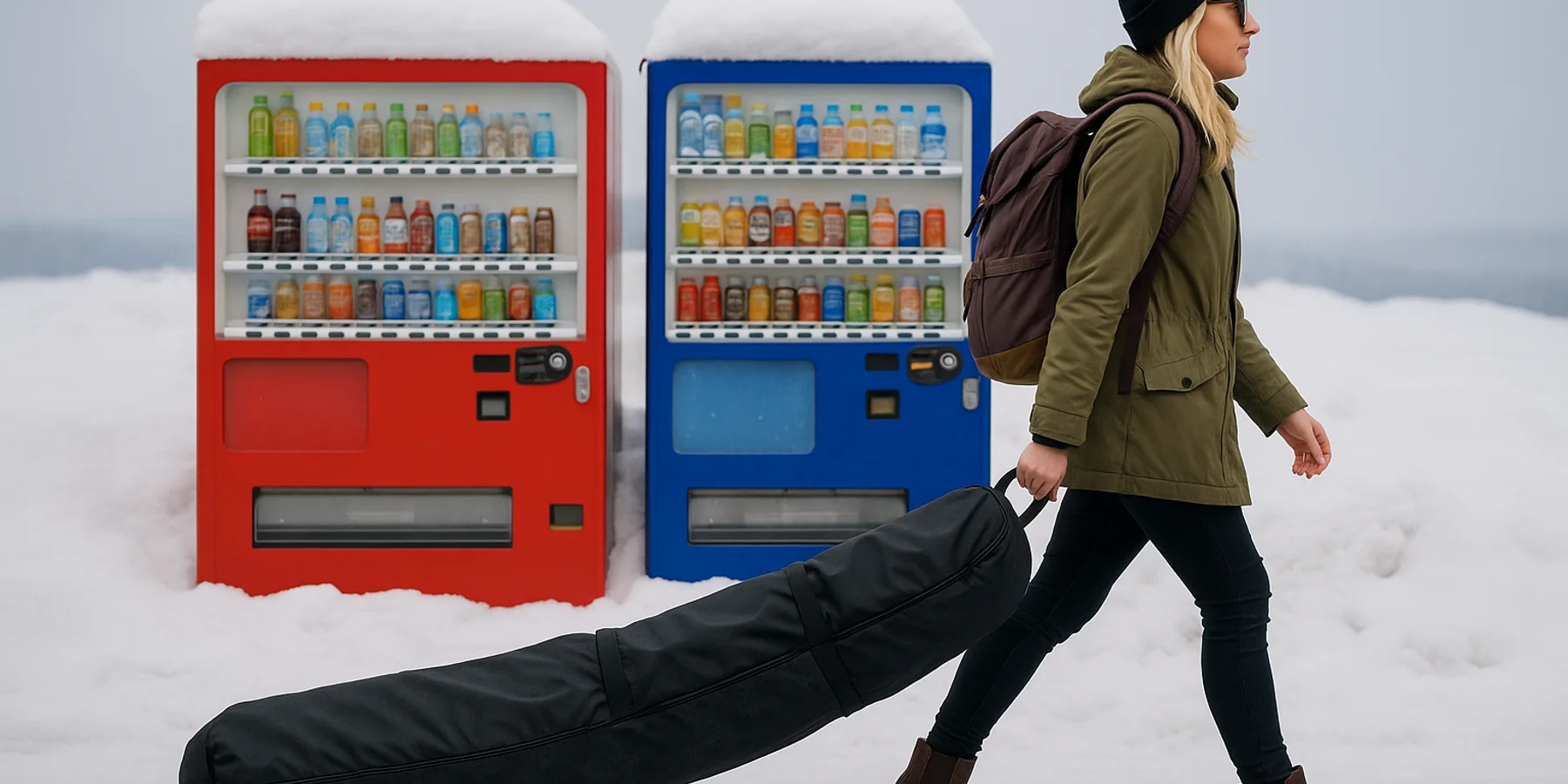 lady pulling a snowboard bag in the snow (Japan)