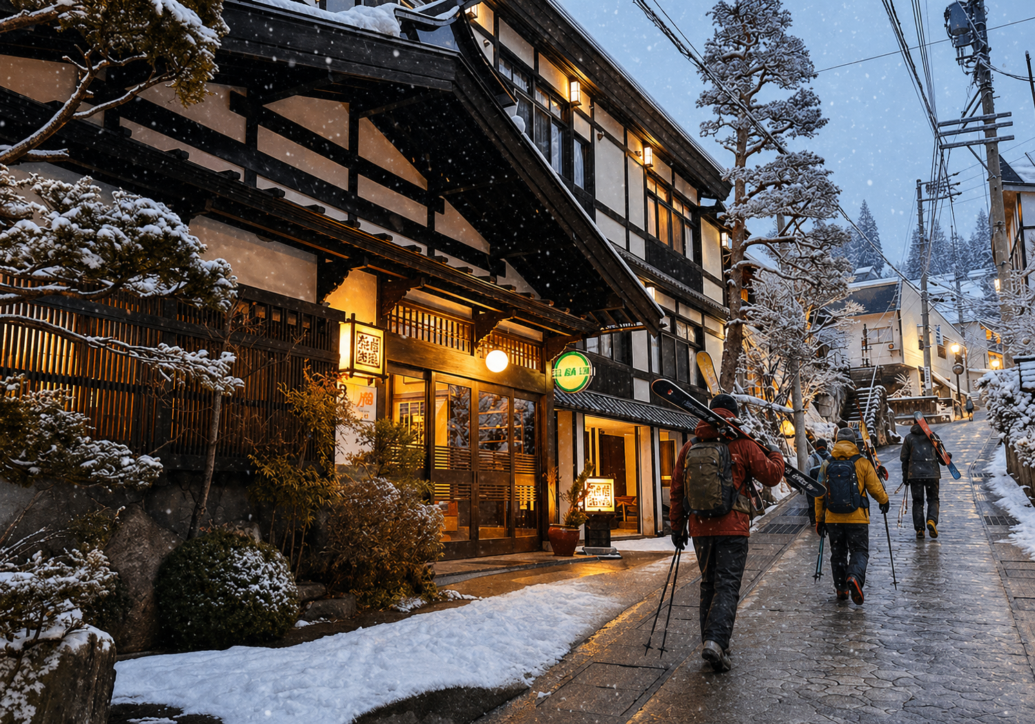 Skiers walking up the streets of Nozawa Onsen