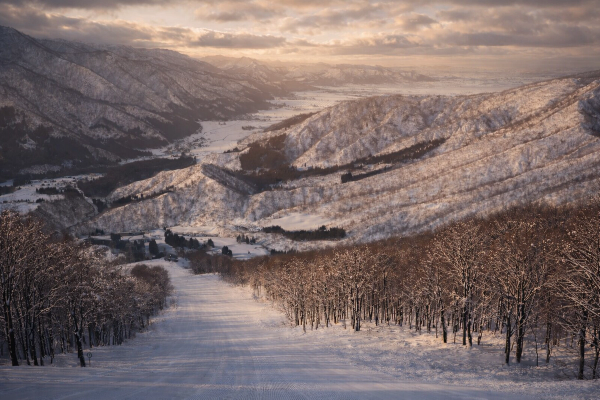 Looking down a ski run at Muikamachi Hakkaisan Ski Resort