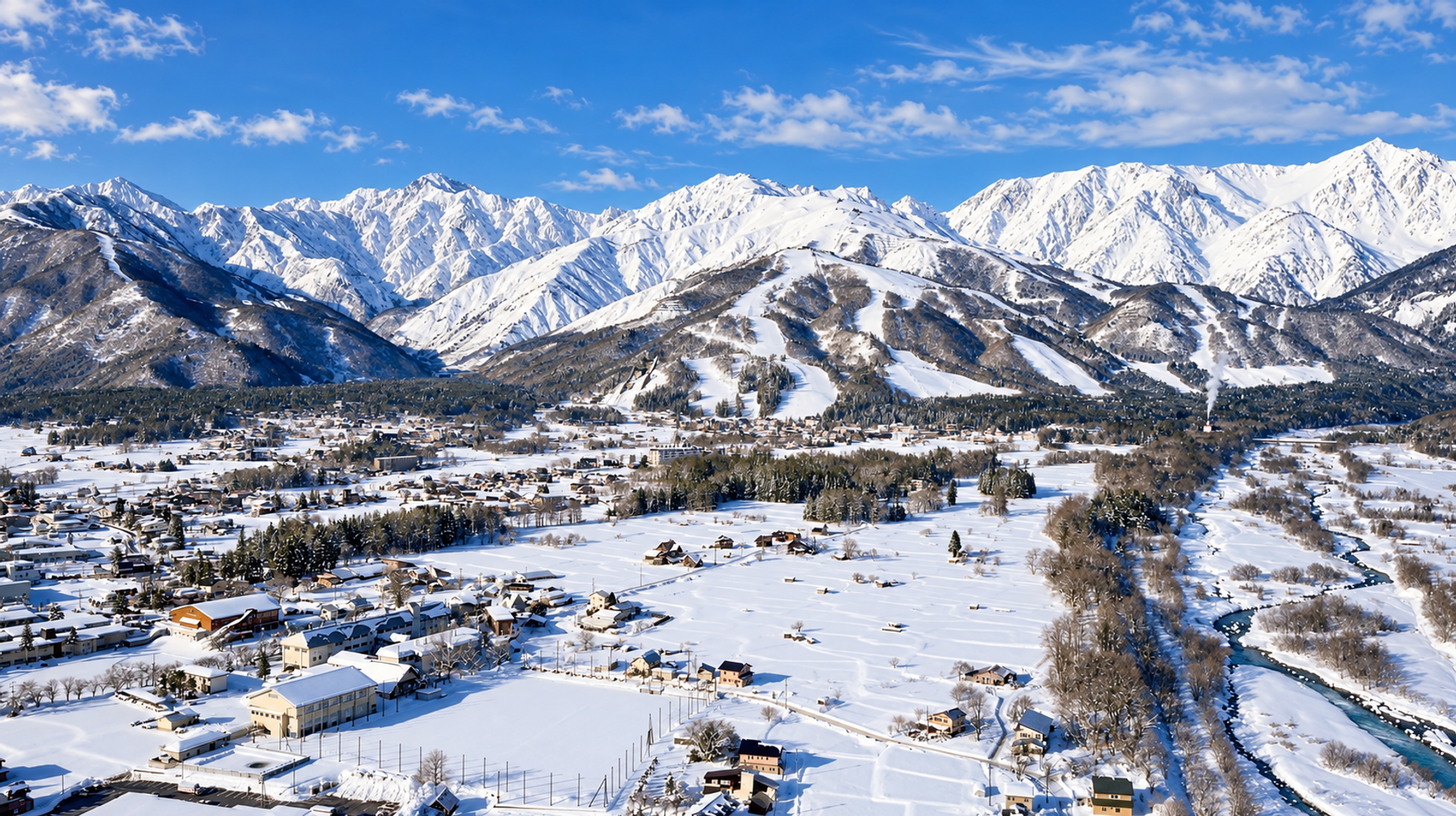 View over the town area at Hakuba Valley in winter