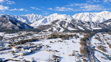 View over the town area at Hakuba Valley in winter
