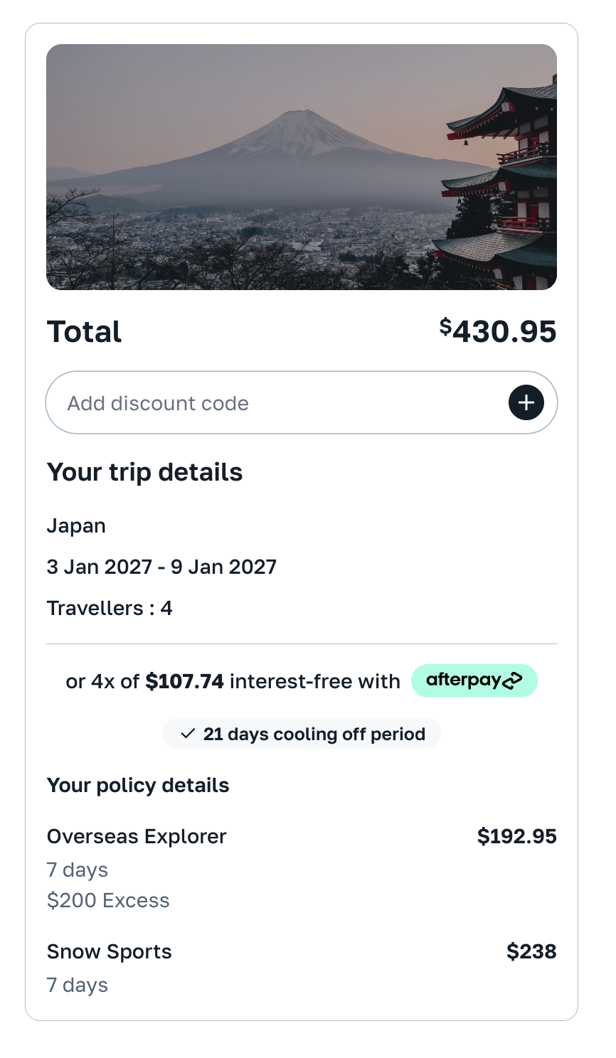 Freely quote for a family of four travelling to Japan from 3 to 9 January 2027: Overseas Explorer A$192.95 plus Snow Sports A$238, total A$430.95 with a A$200 excess