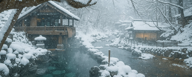 Snow falling at Takaragawa onsen - perfect after a day ripping japow.