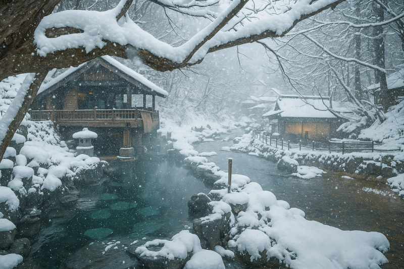 Snow falling at Takaragawa onsen - perfect after a day ripping japow.