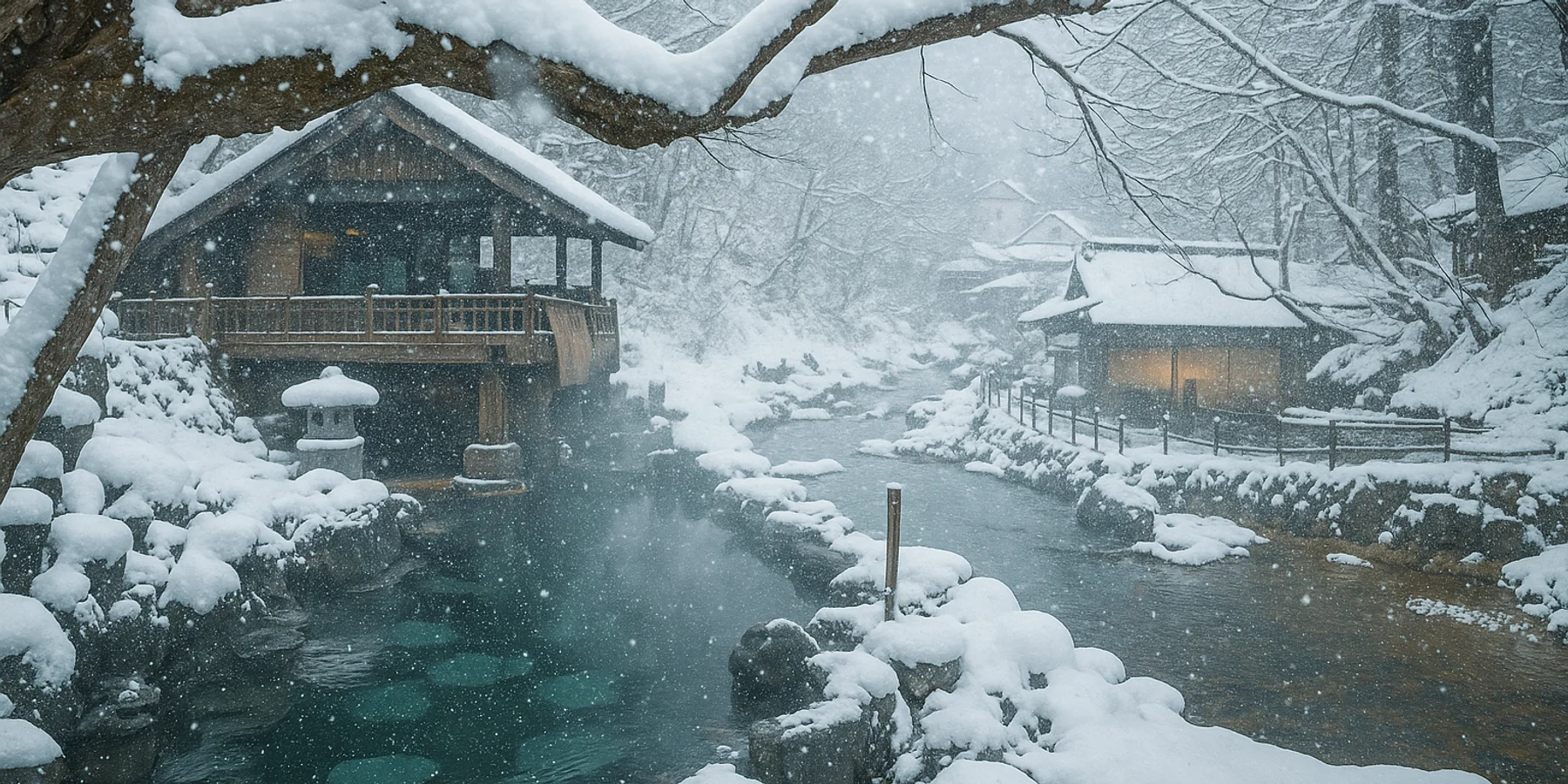 Snow falling at Takaragawa onsen - perfect after a day ripping japow.