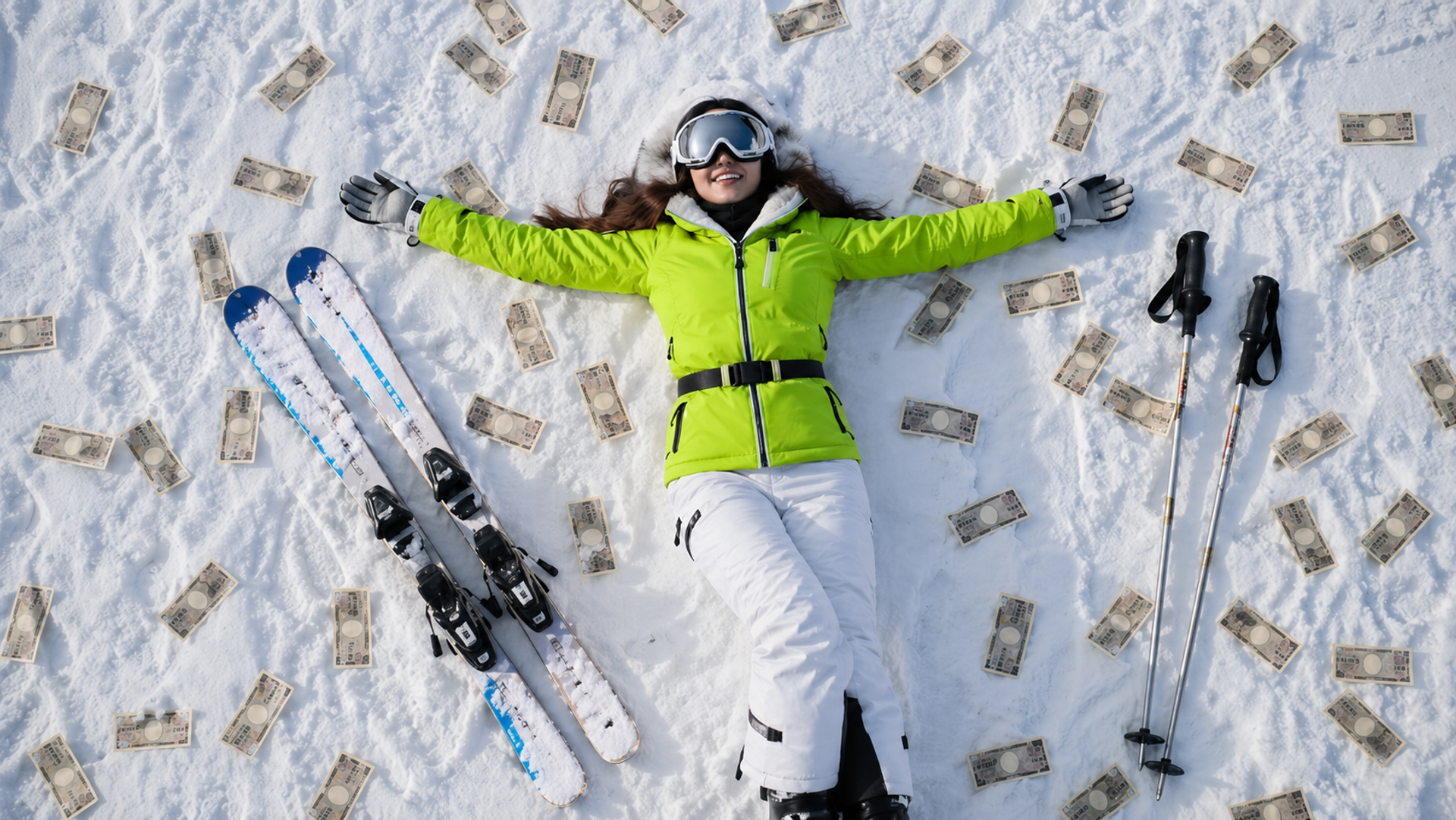 Skier laying on the ground, surrounded by japanese yen notes
