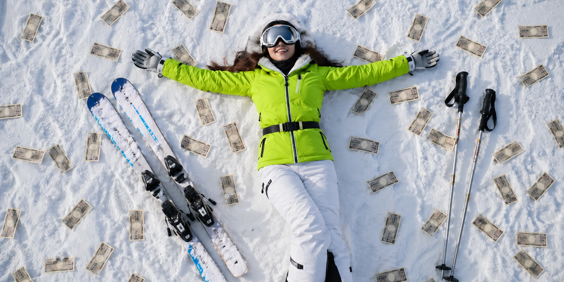 Skier laying on the ground, surrounded by japanese yen notes