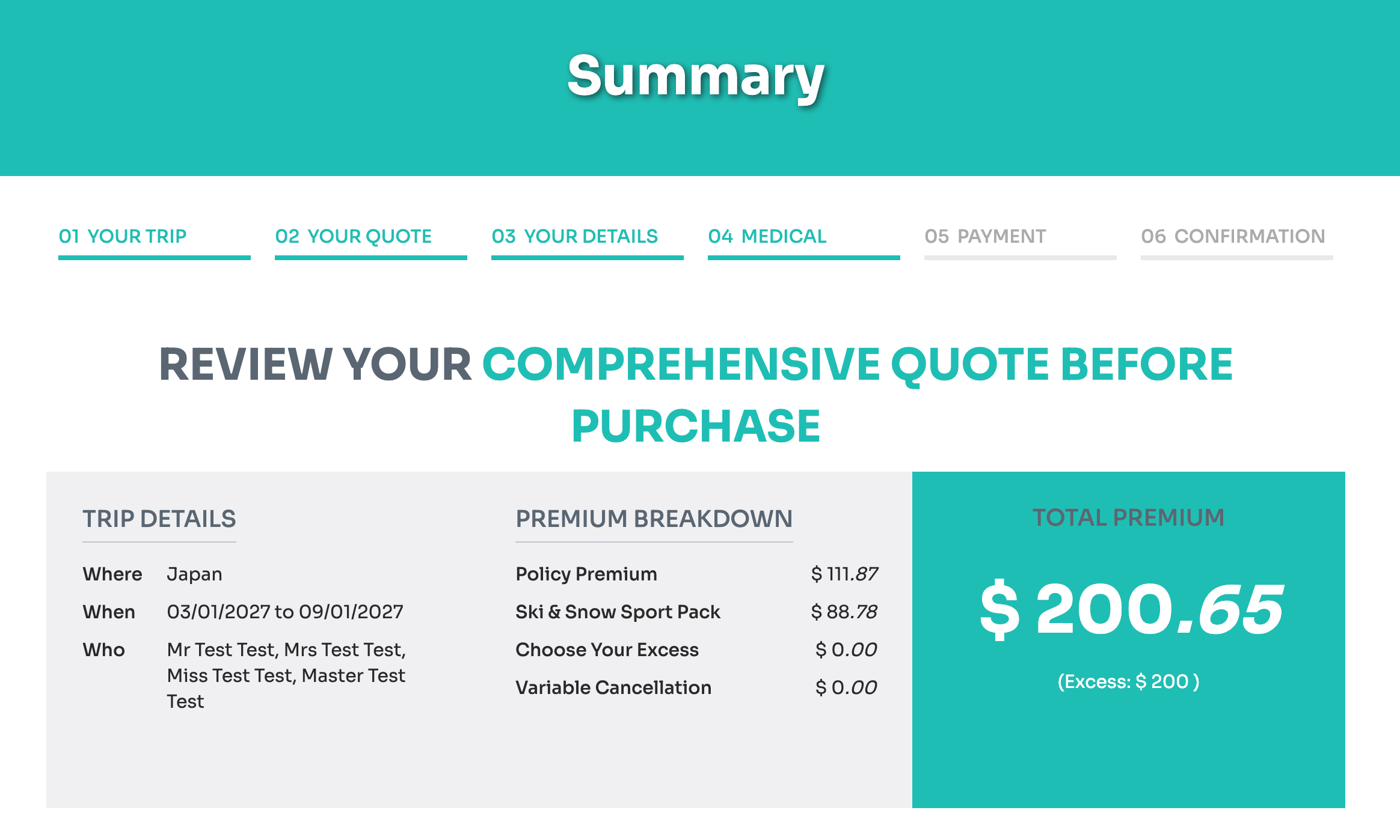Zoom Comprehensive quote for a family of four travelling to Japan from 3 to 9 January 2027: policy A$111.87 plus Ski and Snow Sport Pack A$88.78, total A$200.65 with a A$200 excess