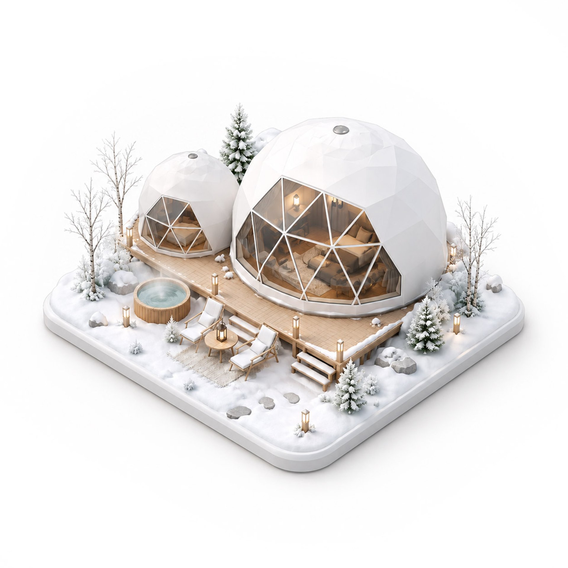 Cute Glamping graphic depicting domes in the snow