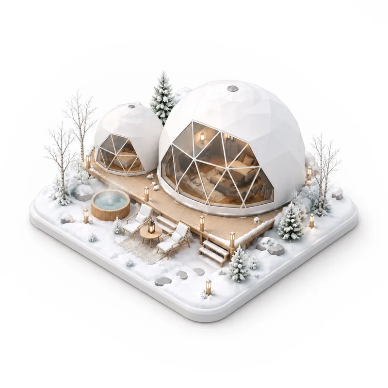 Cute Glamping graphic depicting domes in the snow