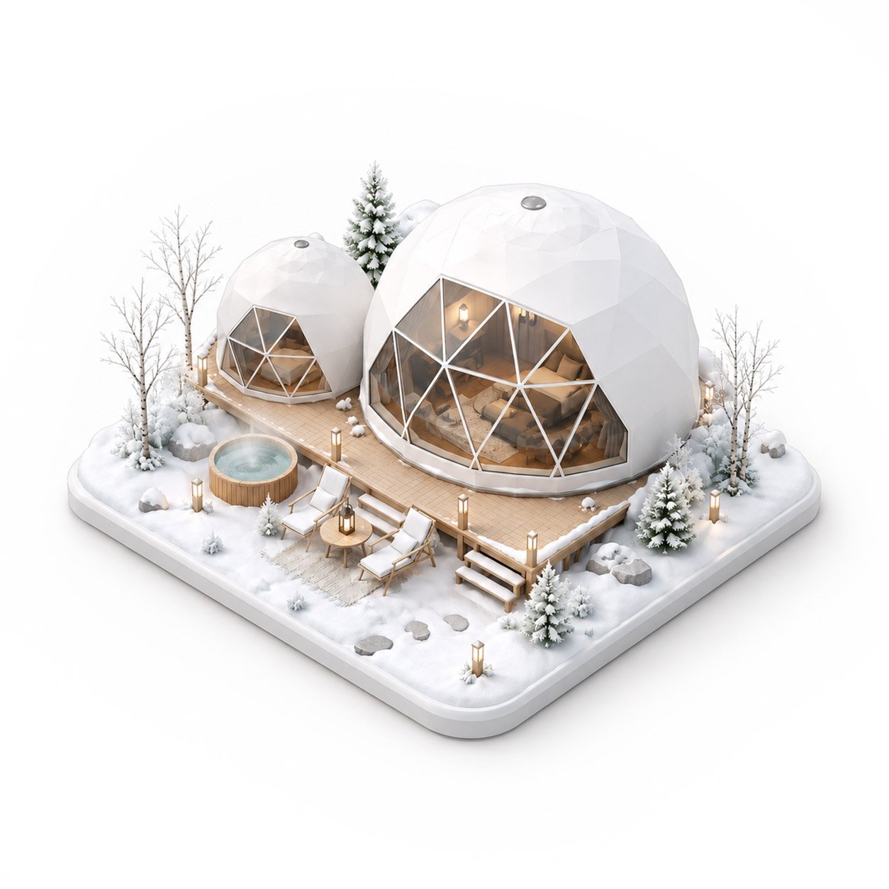 Cute Glamping graphic depicting domes in the snow