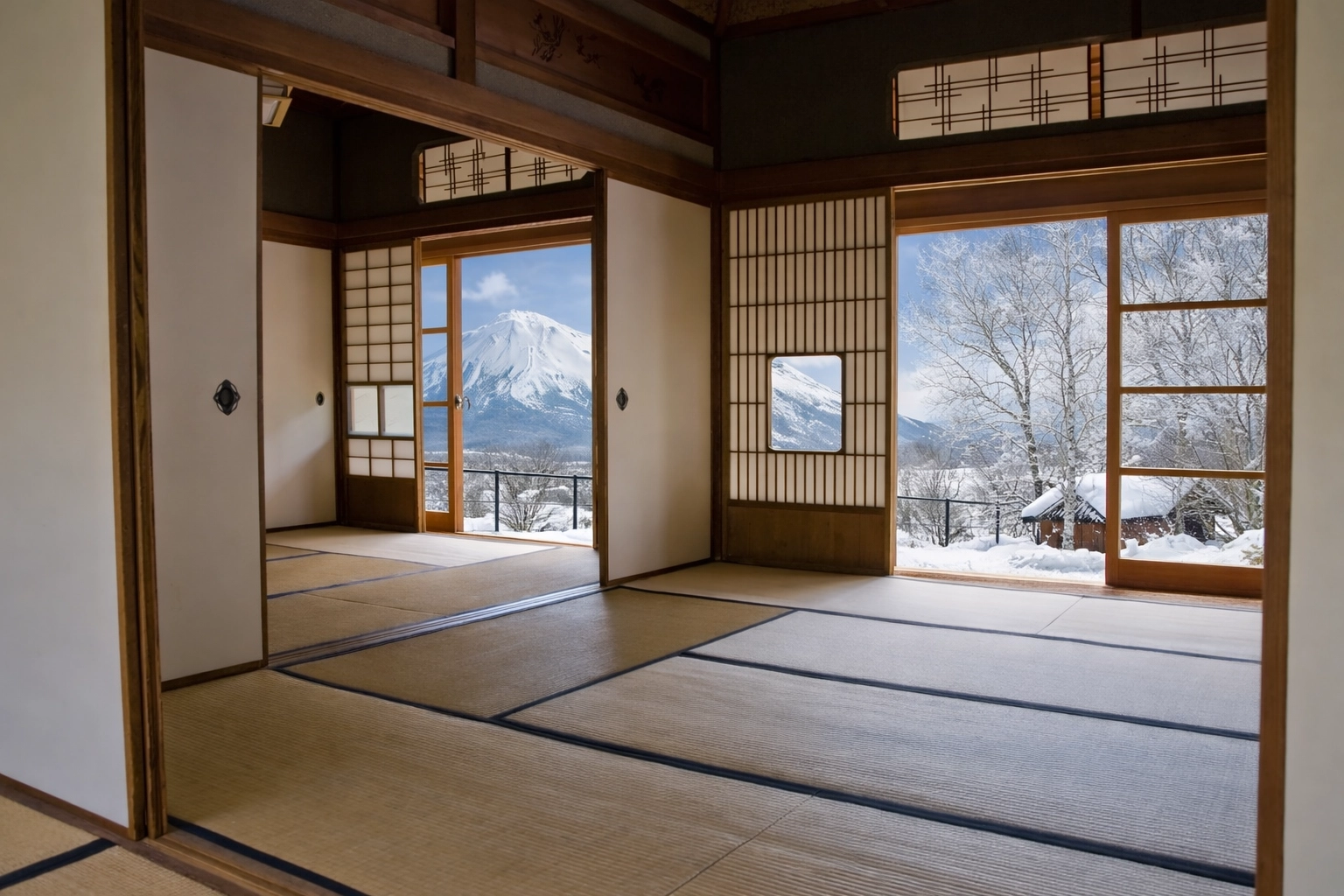 Views from inside a Ryokan of the snow covered mountain beyond