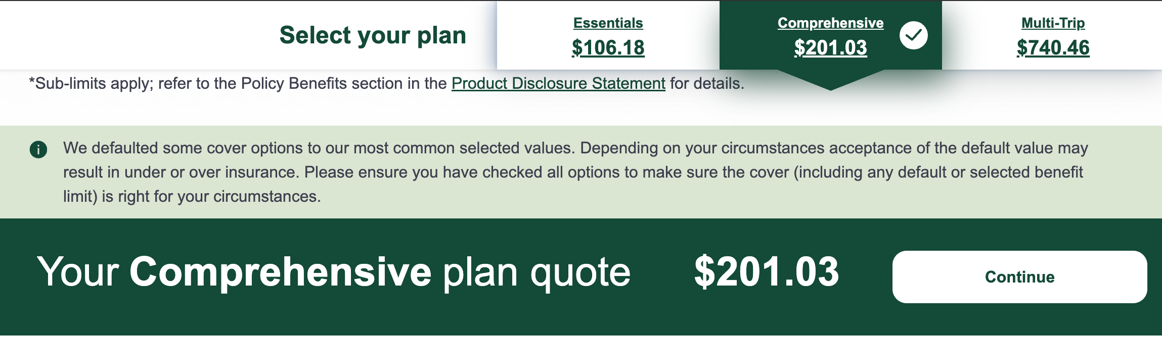 nib travel insurance quote for one adult travelling to Japan from 3 to 9 January 2027: Comprehensive plan A$201.03