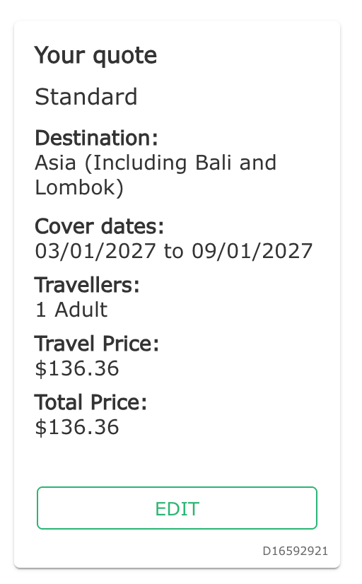 Tick Standard quote for one adult travelling to Asia including Japan from 3 to 9 January 2027, total A$136.36