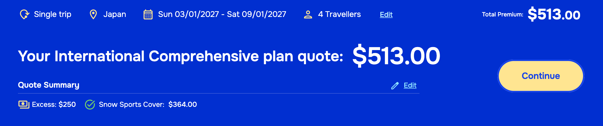 Cover-More International Comprehensive quote for four travellers to Japan from 3 to 9 January 2027 with on-piste Snow Sports Cover A$364, total A$513 with a A$250 excess
