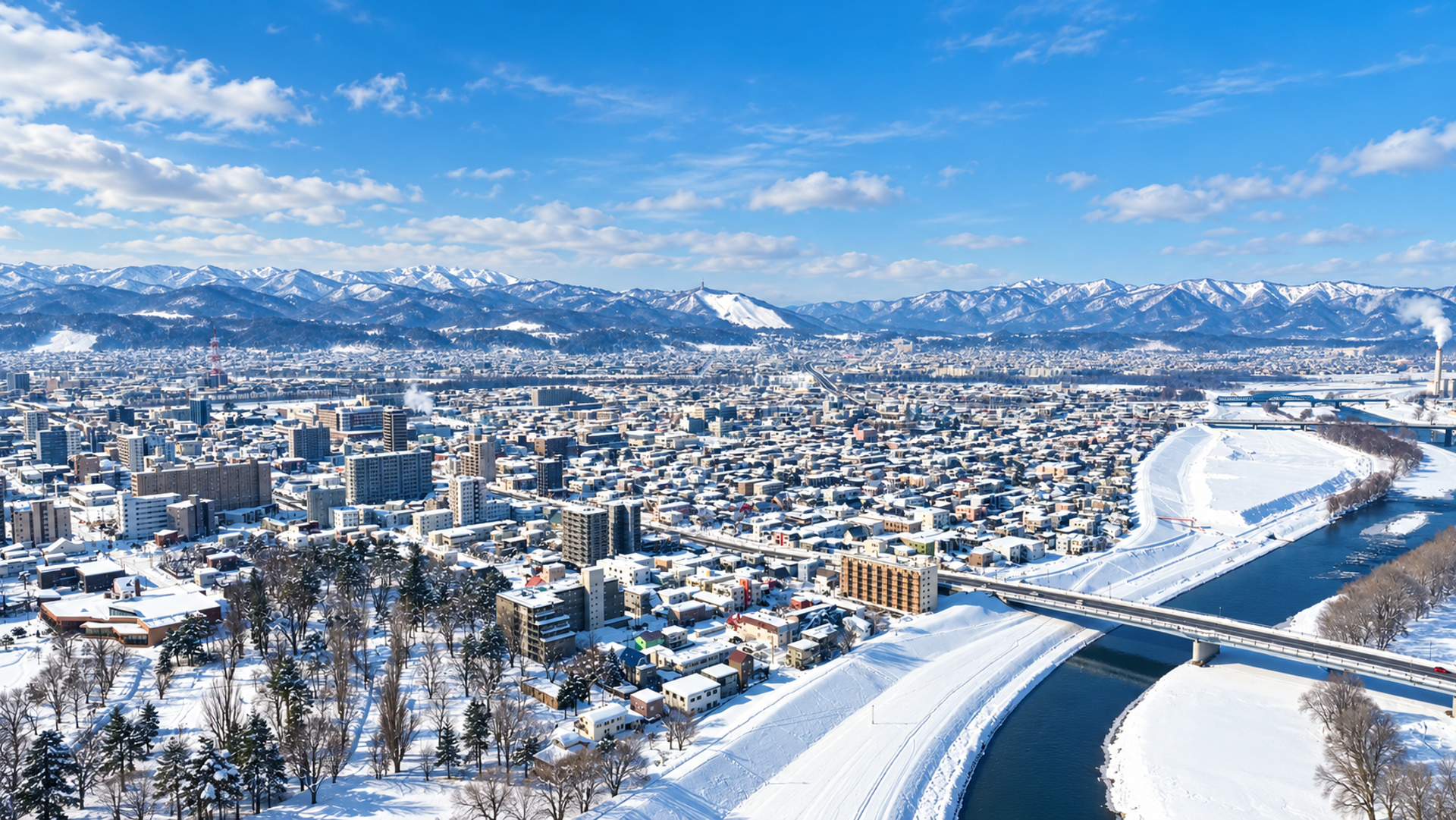 Asahikawa from the air in winter, snow on every roof and the Daisetsuzan mountains behind