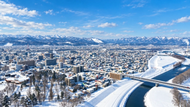 Aerial view of Asahikawa city in middle of winter