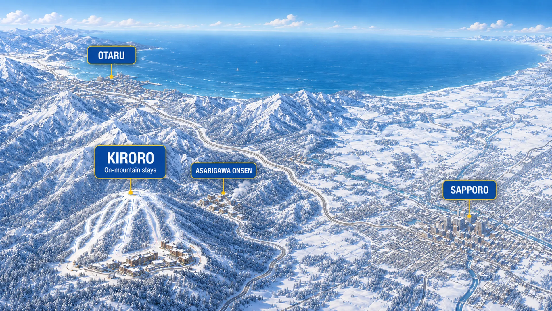 Map from above of town near Kiroro