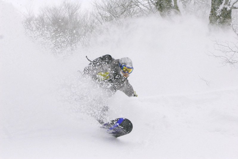 Snowboarder in powder at Esashi Shiei Koeji