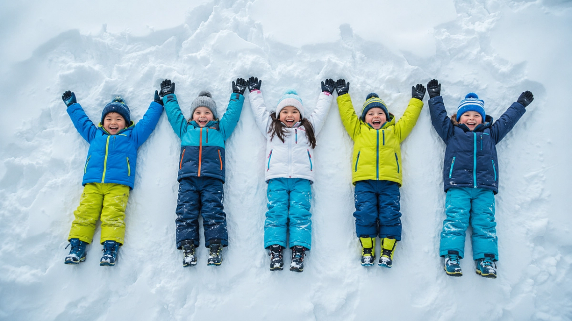 Five children in ski gear lying in the snow with their arms up, laughing