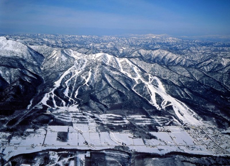 Drone shot of Furano ski resort mountain