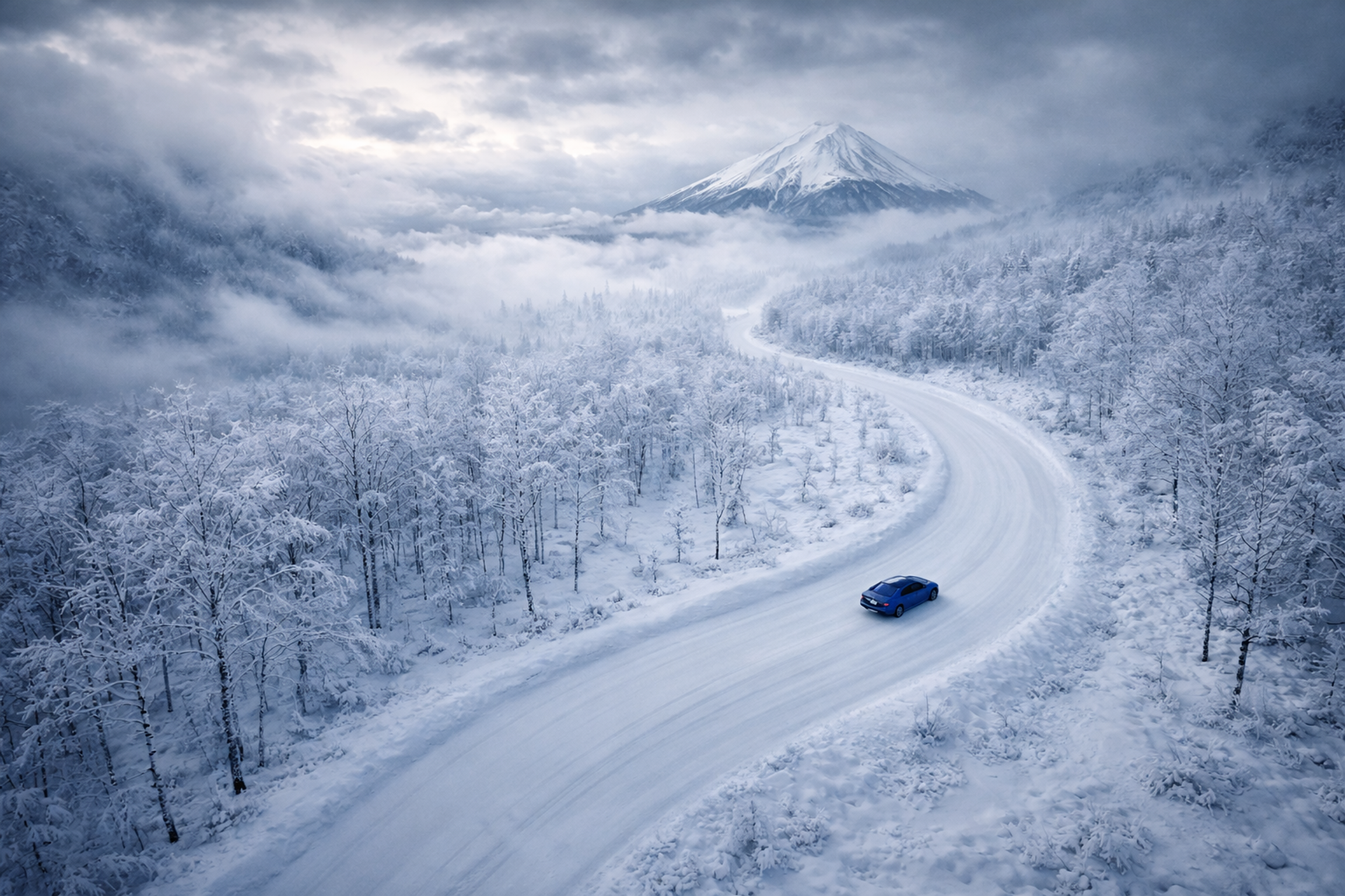 Car driving in the snow in Japan