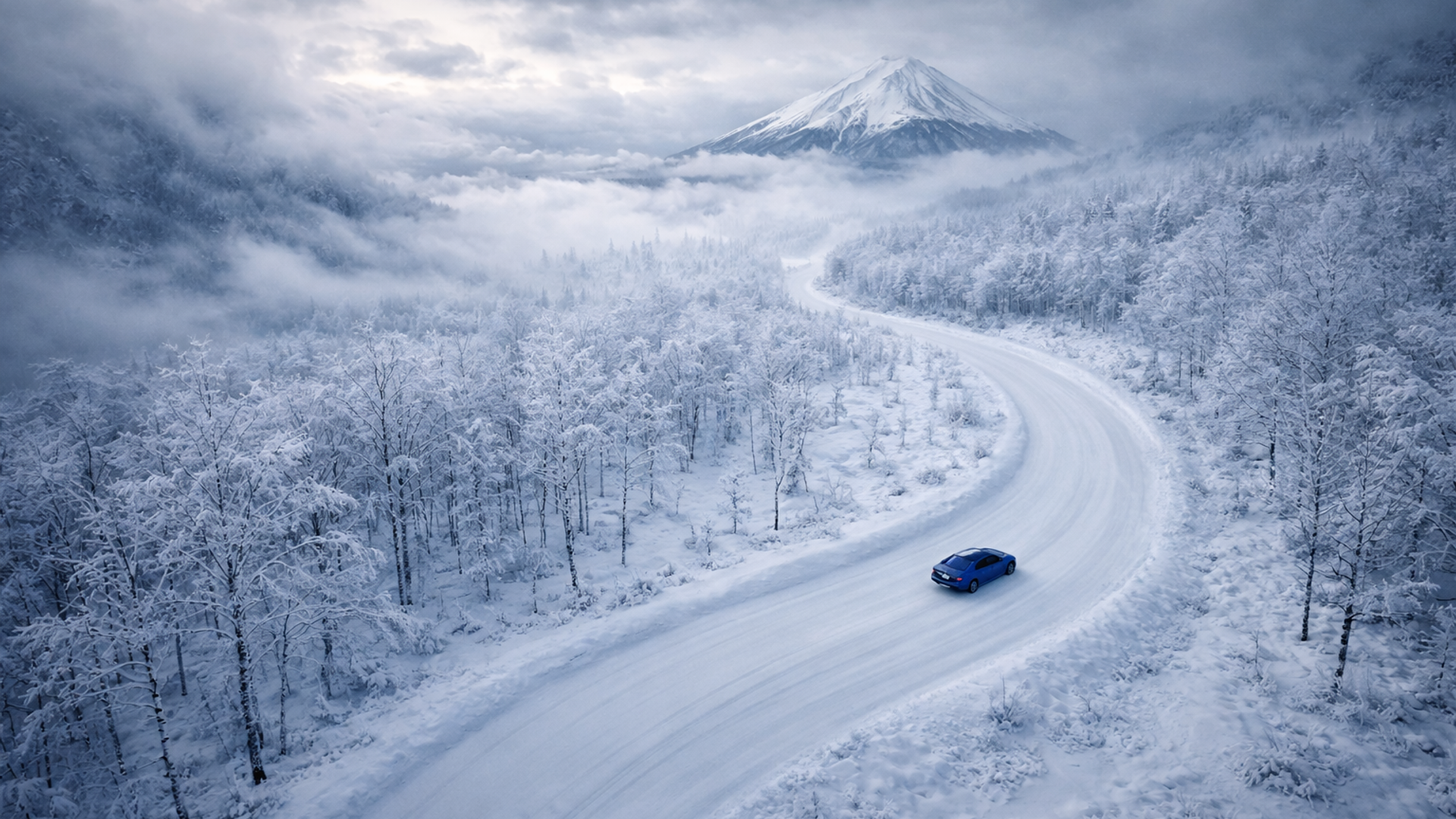 Car driving in the snow in Japan