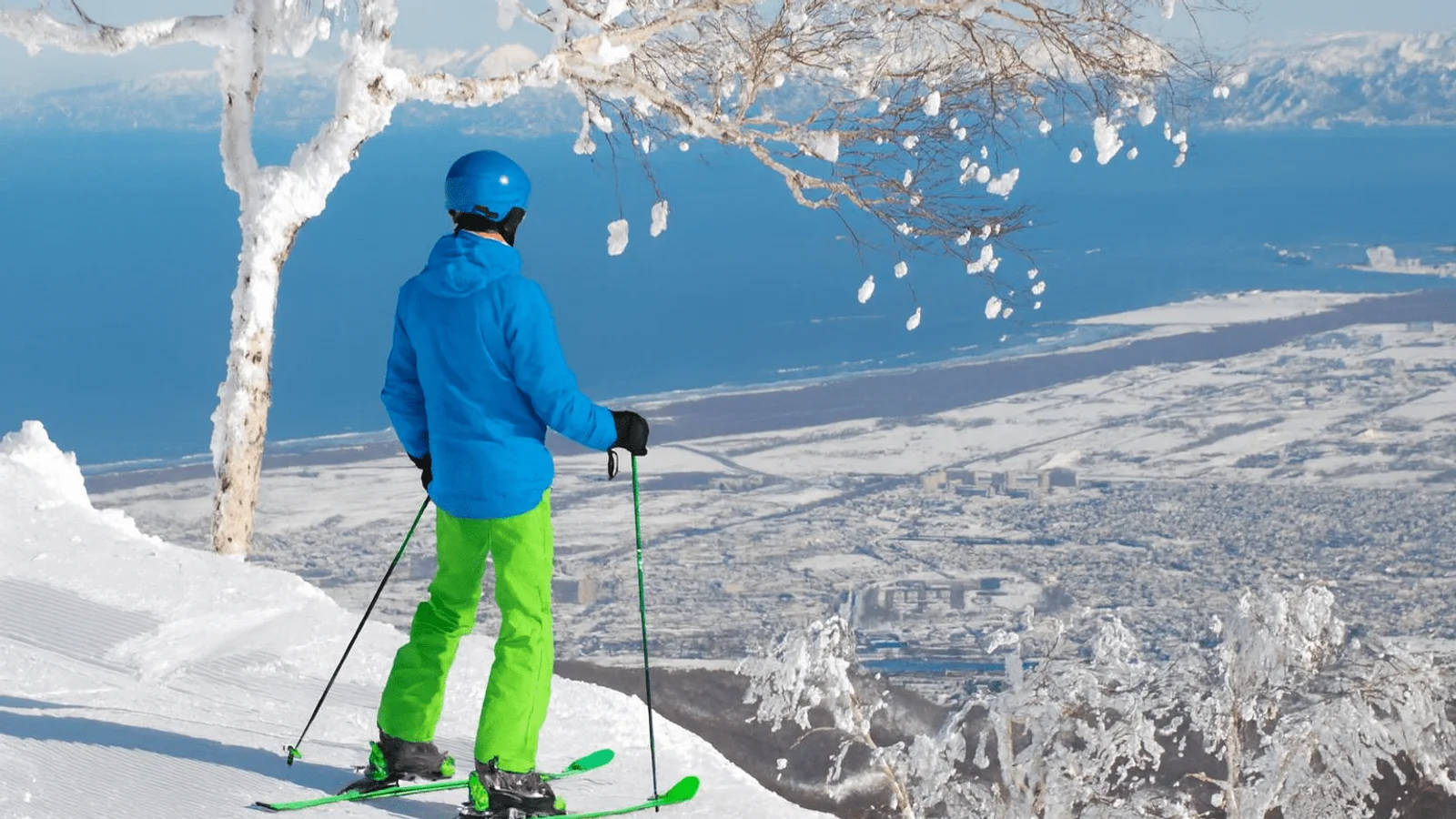 Skier looking over the city at Sapporo Teine