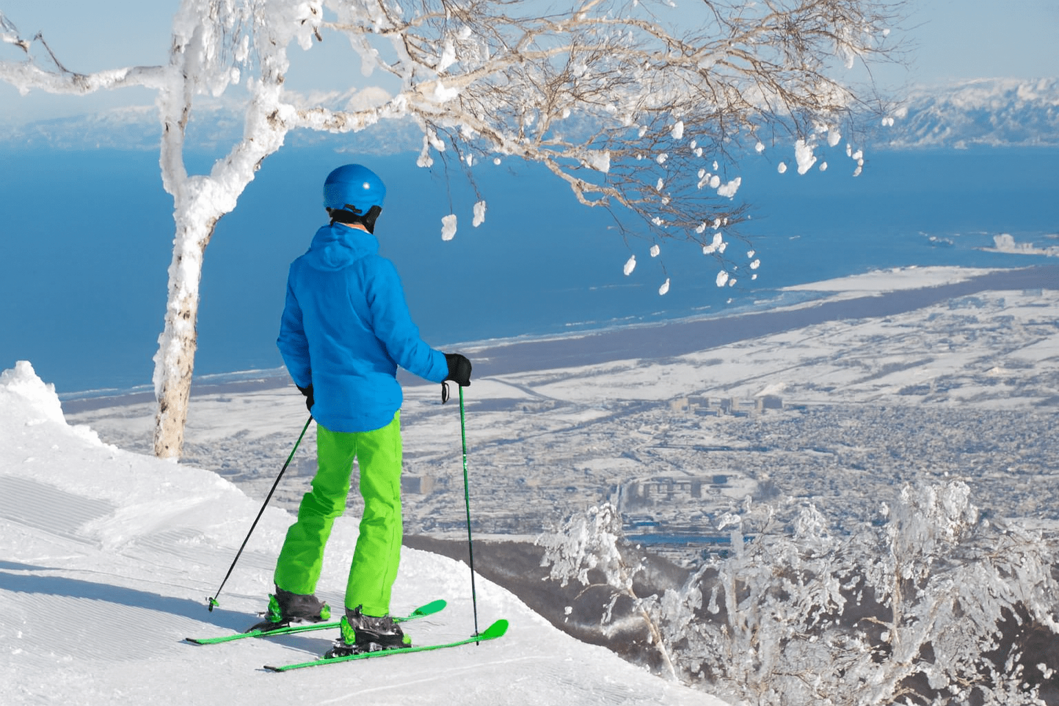 Skier looking over the city at Sapporo Teine